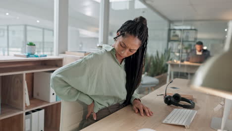 woman, call center and back pain in stress