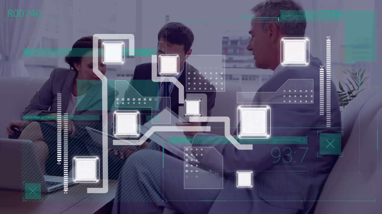 Animation of computer circuit board over diverse business people at office