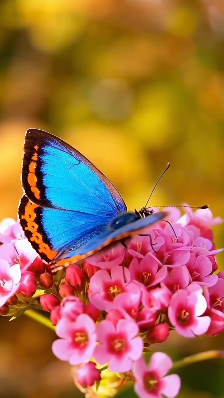 Primo piano di una vivace farfalla blu posata su fiori rosa