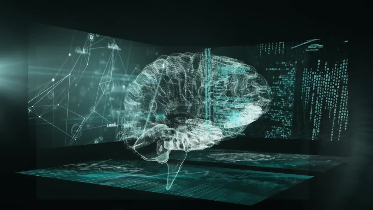 Animation of connected dots, graphs and programming language over digital brain in background