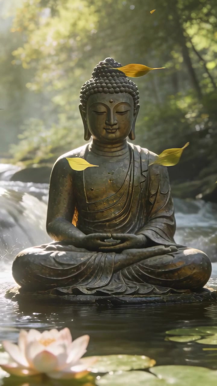 Video verticale: Brezza che fa fluttuare le foglie attorno a una statua di Buddha su uno stagno nella foresta, loto, vesti.