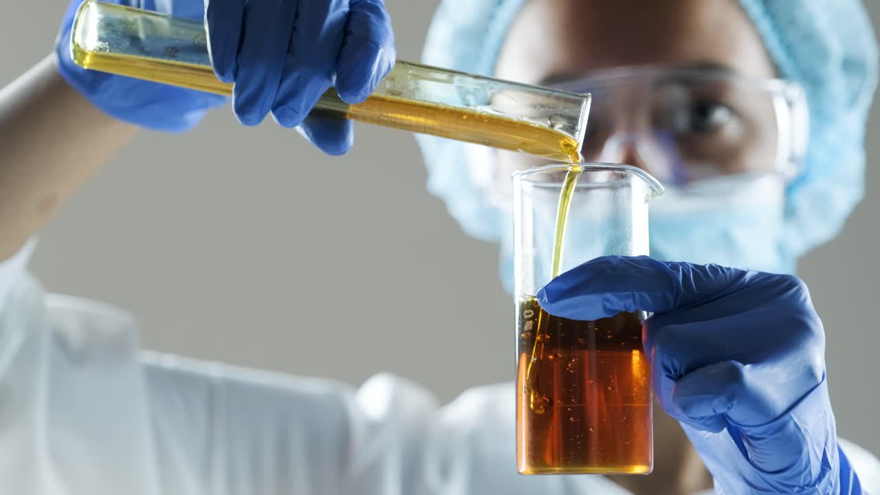 과학자 가 컵 에 액체 를 부어 넣는 것