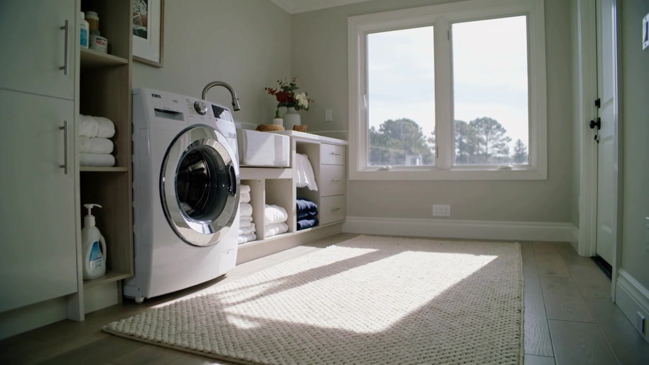 Reacting to sunlight shift, panning camera revealing frontload washer in laundry room, copy space