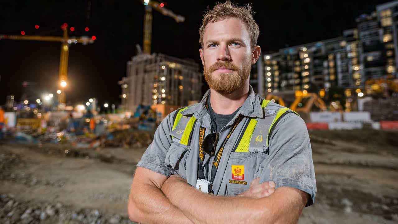 A Construction Worker Stands Confidently Amidst a Busy Nighttime Construction Site, Emphasizing Safety and Determination in His Role as a Skilled Tradesman