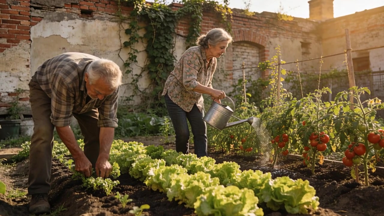Idosos regando tomates e plantando alface com um regador de metal em um quintal murado, aproveitando o sol da tarde.