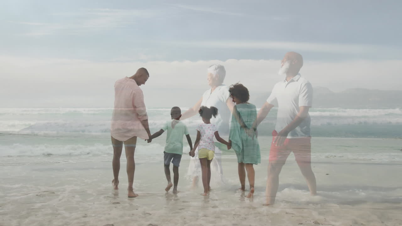 Walking hand in hand on beach, family enjoying ocean waves and animation