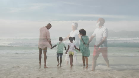 walking hand in hand on beach, family enjoying ocean waves and animation