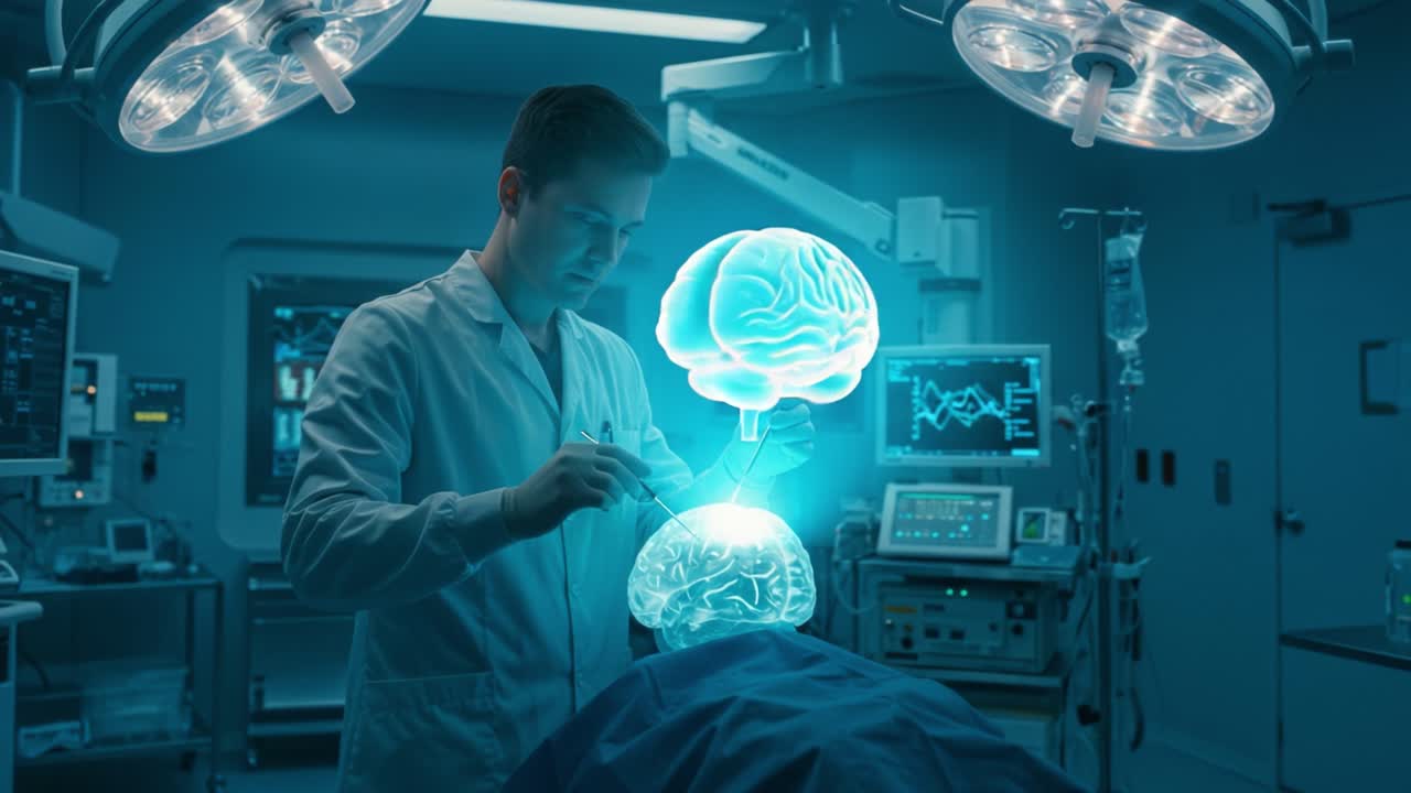 A Neurosurgeon Carefully Manipulating a Digitally Projected Brain Model During an Innovative Surgical Procedure in a High-Tech Operating Room Environment
