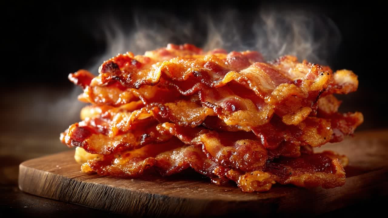 A Mouthwatering Delight: Tempting Stacked Bacon Cooked to Perfection, Emitting Delicious Steam and a Crispy Texture, Evoking Appetizing Sensations and Indulgent Flavors