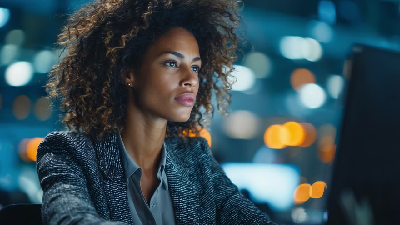 Focused Professional Woman Working Late at Night on Computer in an Office Environment, Achieving Goals with Determination and Expertise