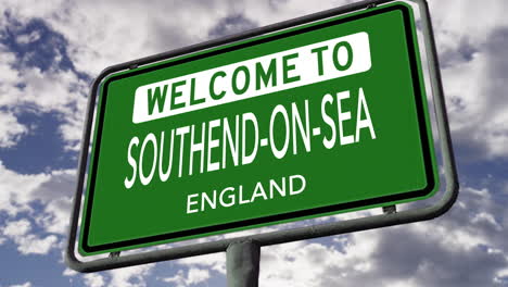 Bienvenido-A-Southend-on-Sea,-Inglaterra,-Señal-De-Tráfico-De-La-Ciudad-Del-Reino-Unido,-Animación-Realista-En-3D