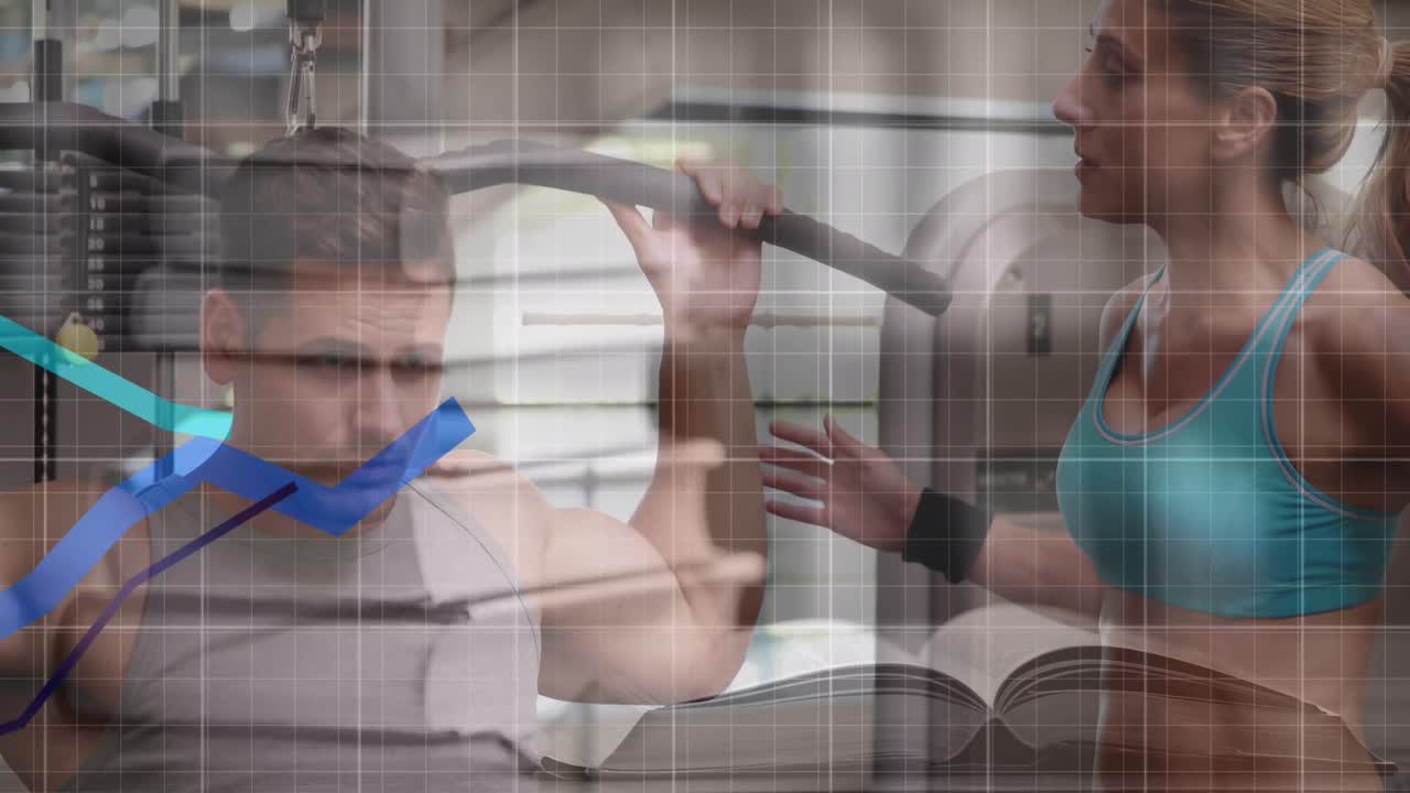 운동장에서 운동하는 백인 건강한 남성에 대해 움직이는 파란 그래프의 애니메이션