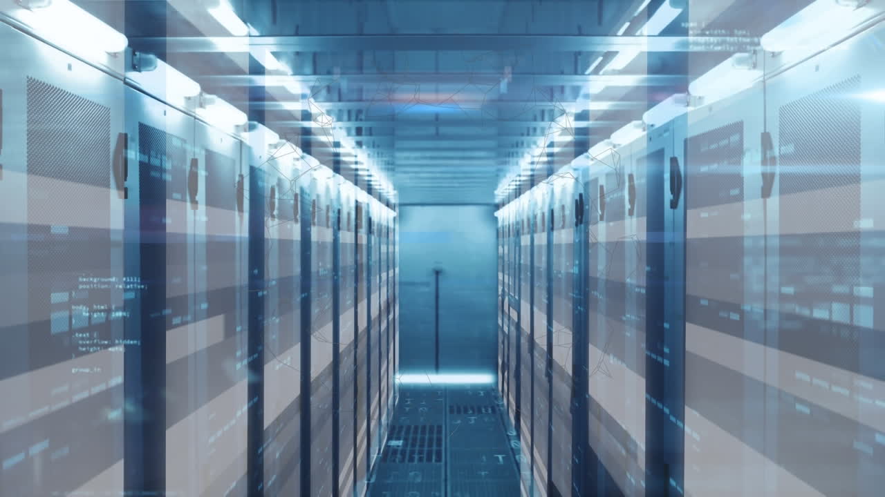 Animation of data processing over light trails against computer server room