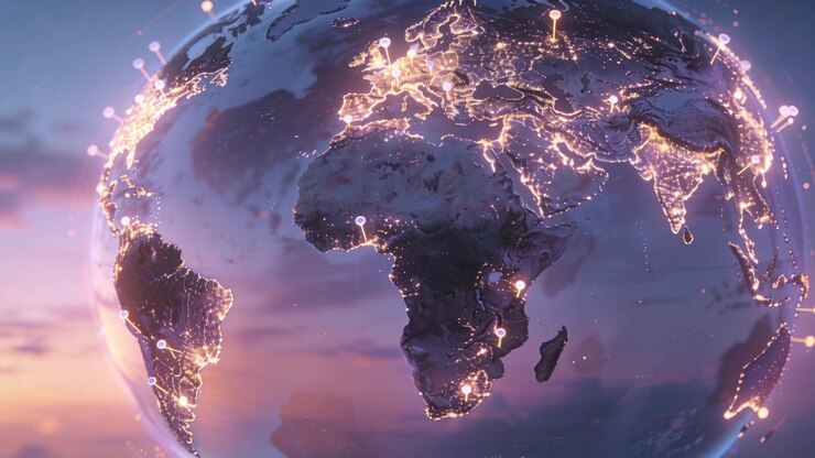 Globo rotante che rivela una rete illuminata nello spazio, mostrando hub globali dopo un allontanamento della telecamera, con pin.