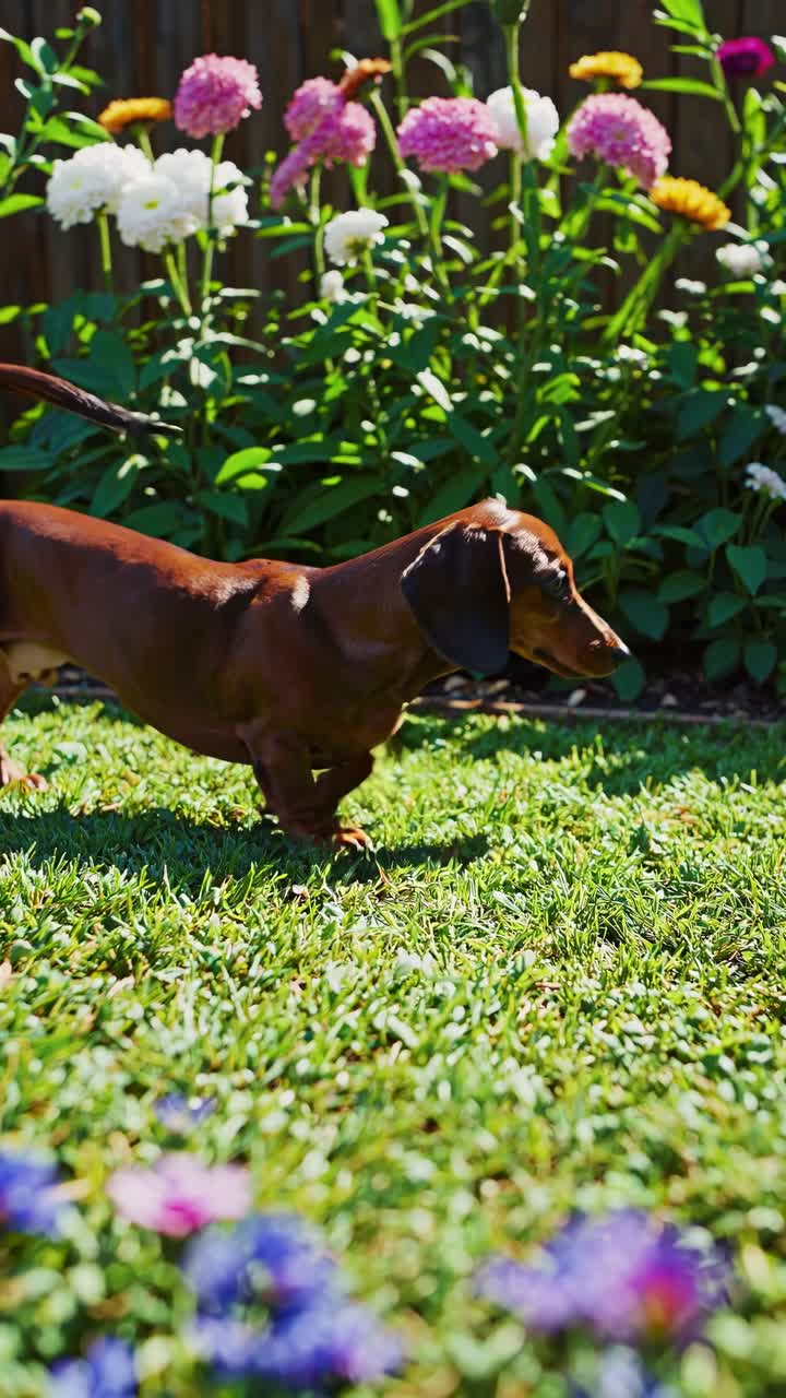 Low-angle video of a dachshund walking on grass, surrounded by colorful flowers, capturing a playful