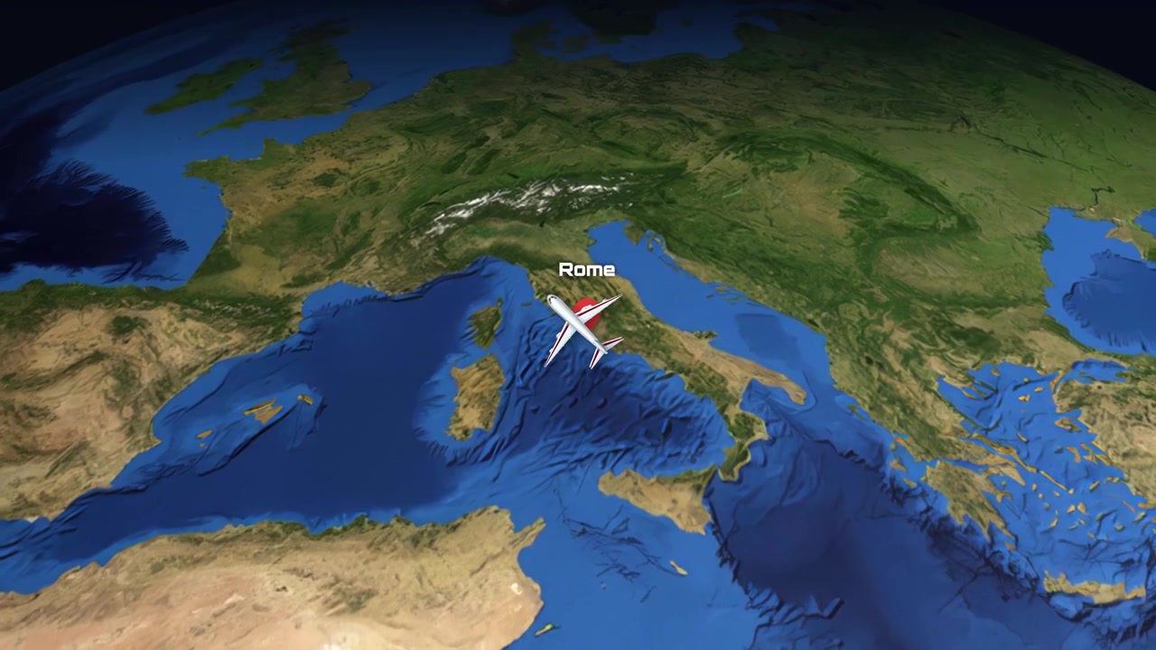 Satellite view animation follows an airplane icon traveling from Europe to the United States