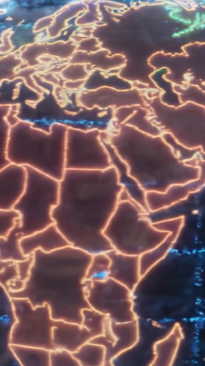 Uma Visualização Detalhada das Américas com Fronteiras Iluminadas por Neon, Exibindo Características Geográficas e Pontos de Dados em um Estilo Futurista