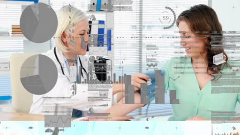 doctor measuring patient's blood pressure in medical examination room, overlaying live data charts