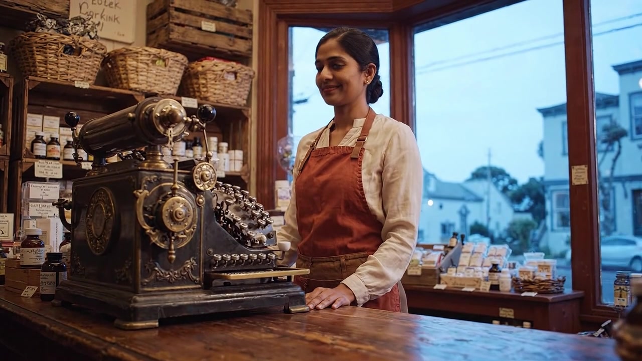 Un registratore di cassa vintage e un commesso sorridente in un negozio accogliente, pieno di prodotti unici e del calore della luce naturale proveniente dalle finestre.