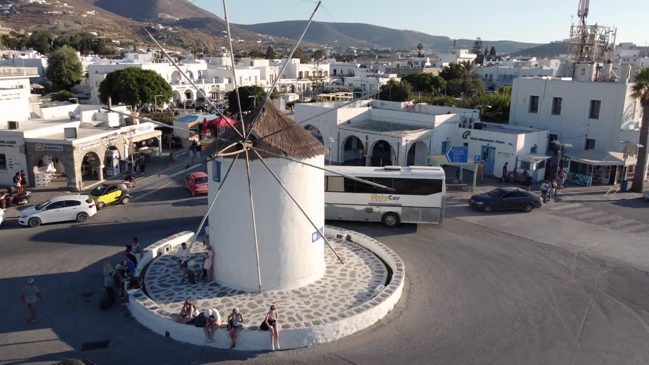Aerial Orbit View of Traditional Cycladic Windmill in Parikia Village, Paros, Greece