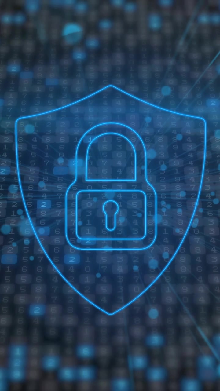 Animazione di rete di connessioni e icona di lucchetto di sicurezza con icone su sfondo scuro