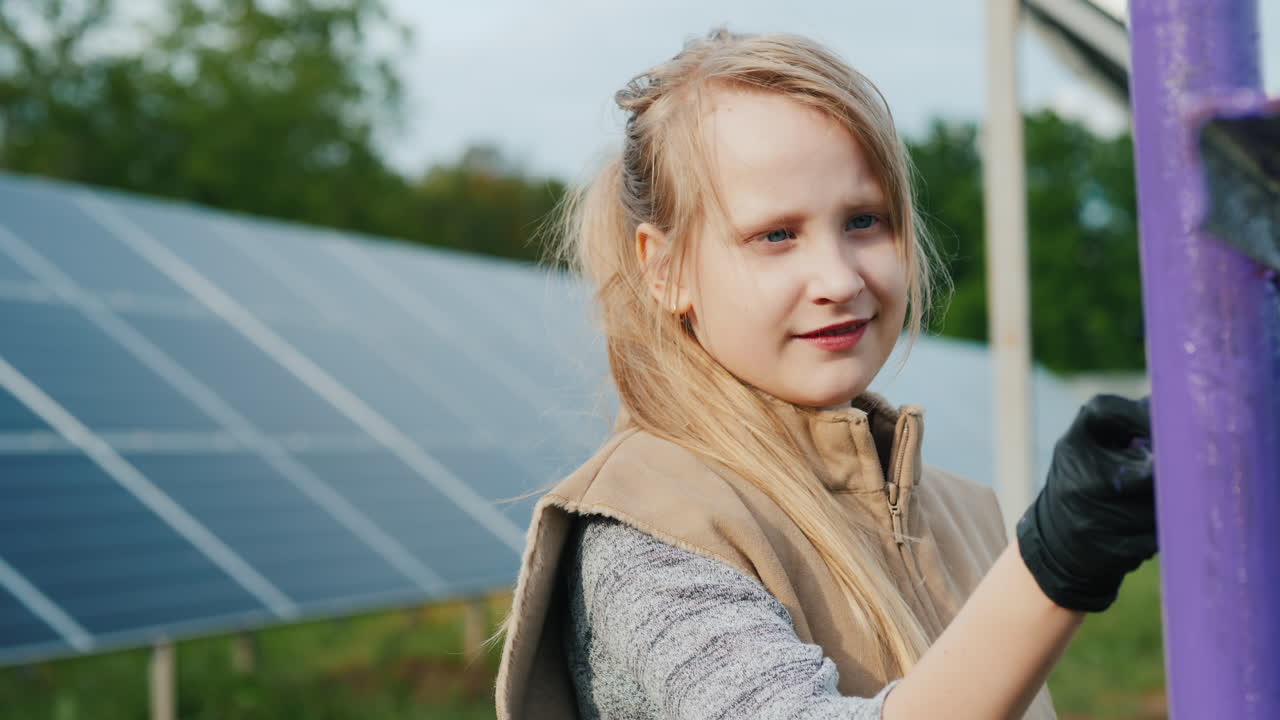 ребенок красит столбы на домашней солнечной электростанции