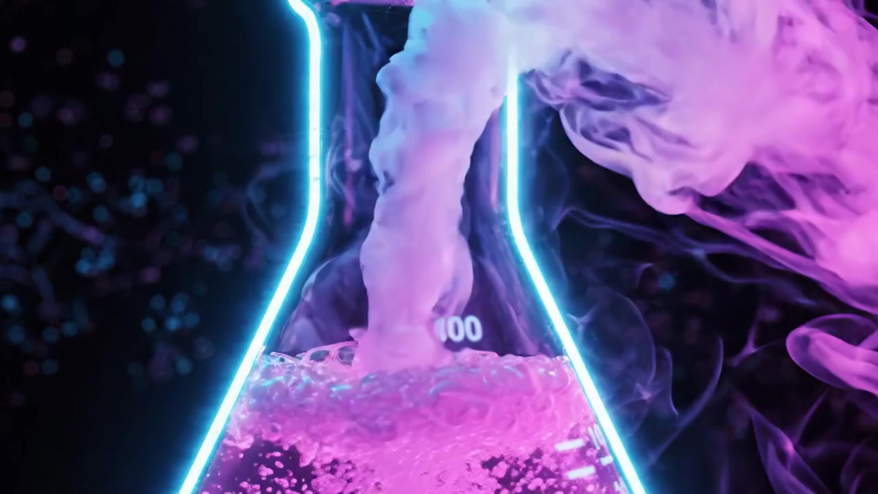 Una Splendida Dimostrazione di Chimica Colorata: Un Becher Illuminato al Neon con Liquido Rosa Bollente e Vapore che Si Agita Sopra, Catturando l'Essenza dell'Esplorazione Scientifica.