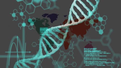 animación del procesamiento de datos con cadena de adn sobre el mapa del mundo
