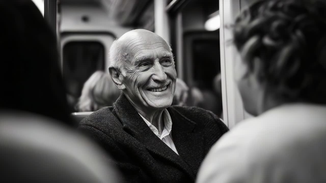 A heartwarming moment captured in time, showcasing the genuine joy and connection between an elderly man and a young woman, both sharing smiles and laughter while seated in a cozy, dimly-lit public transport setting