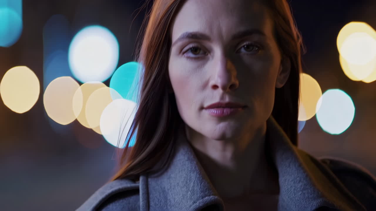 Portrait of a woman at night with bokeh lights