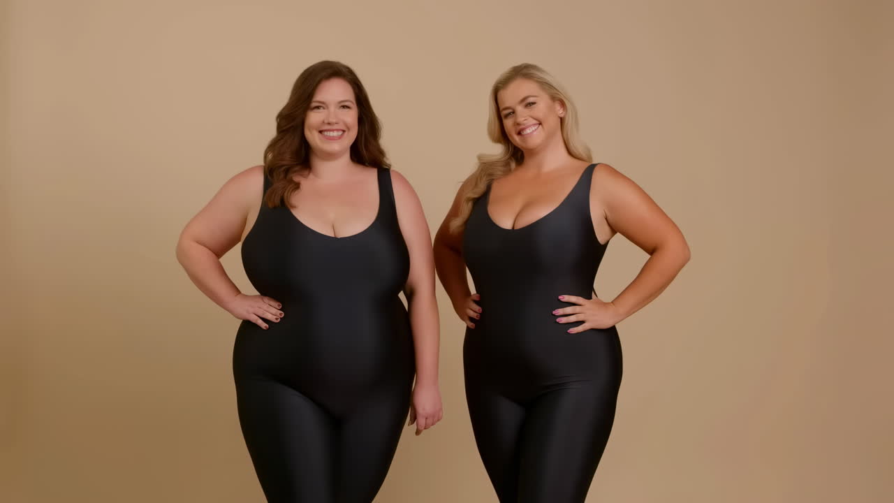 Due donne taglie forti in catsuit neri
