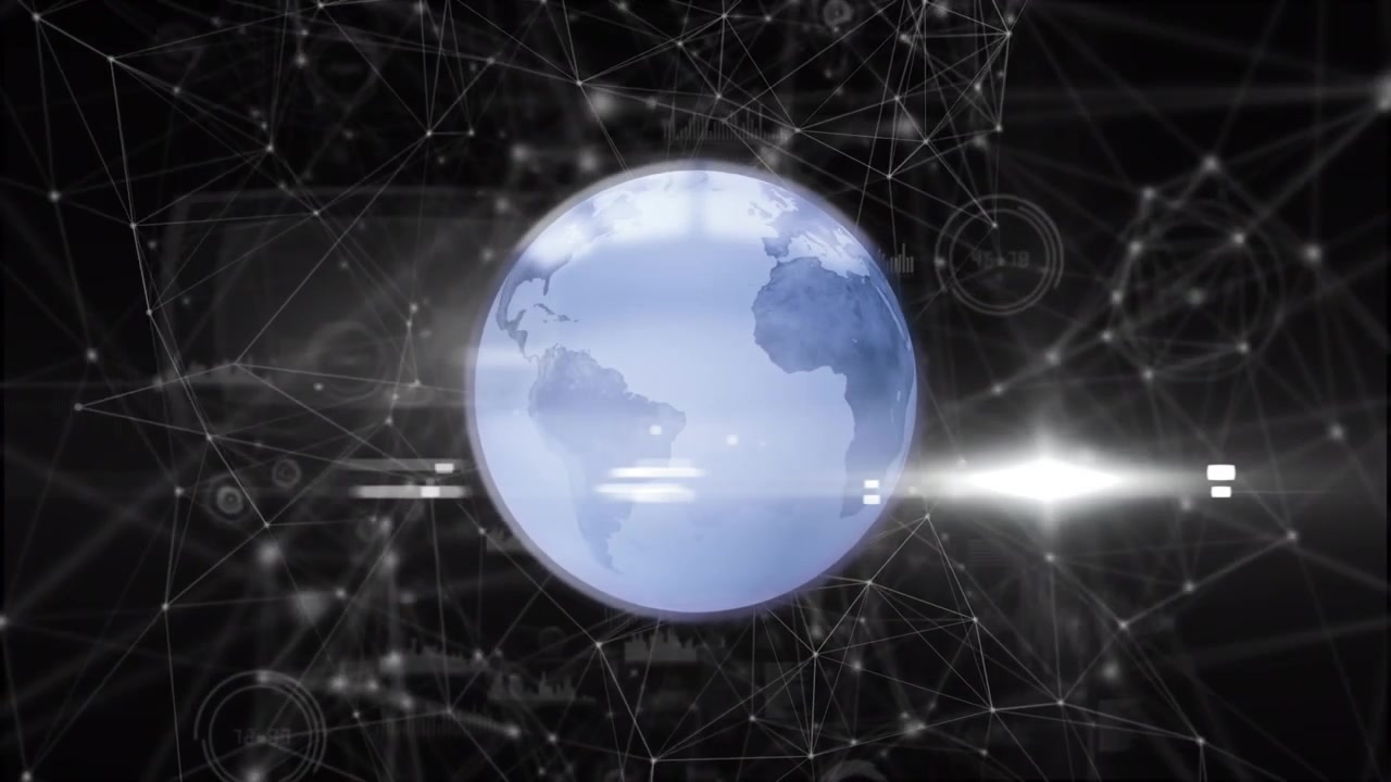 Animation of globe and lens flare over connected dots and graph icons on black background