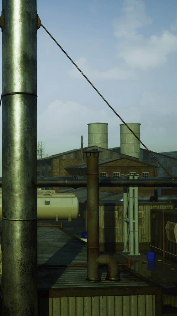 Vista de zona industrial con edificios y tanques de almacenamiento en clima despejado.