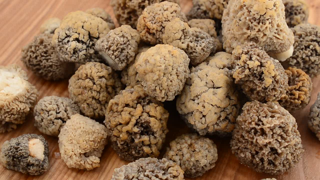 Mushrooms morels on a wooden board. Shooting in the movement