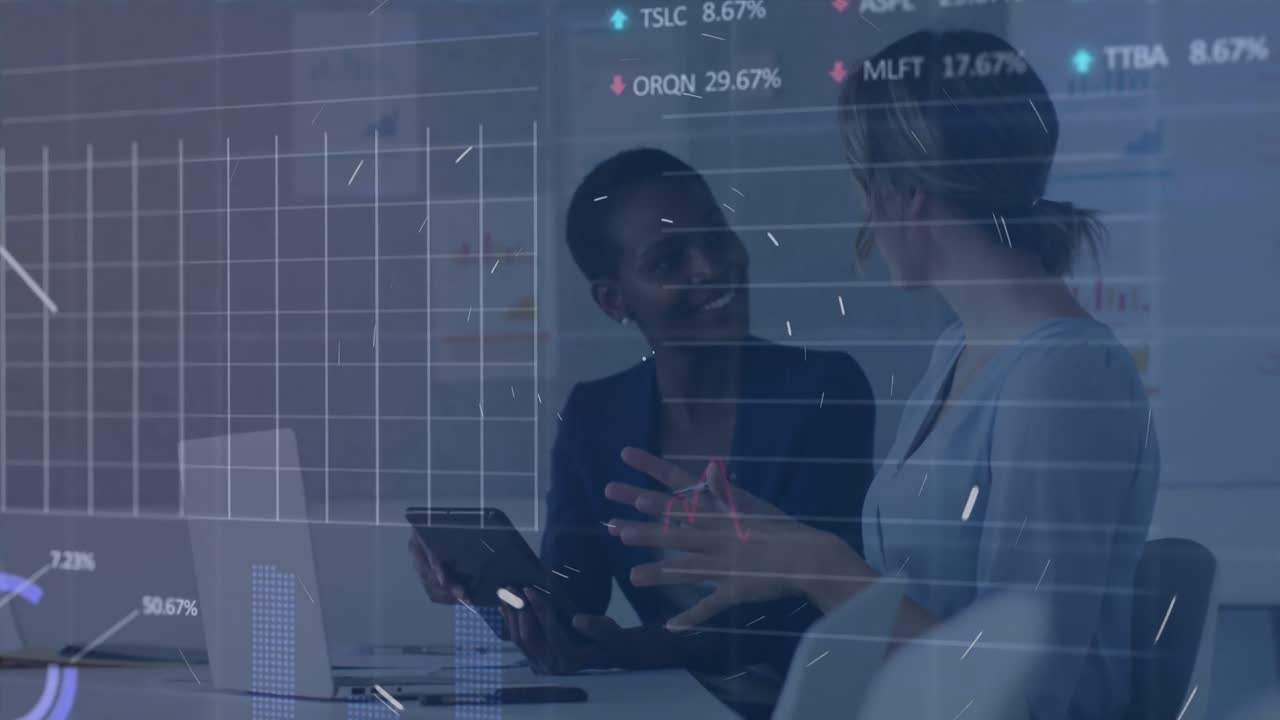 Animation of graphs and trading boards, diverse female coworkers discussing in office