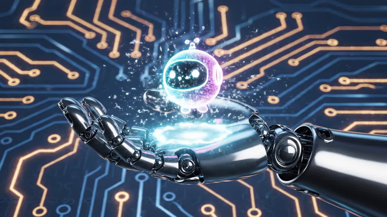 Robot hand holding a digital object