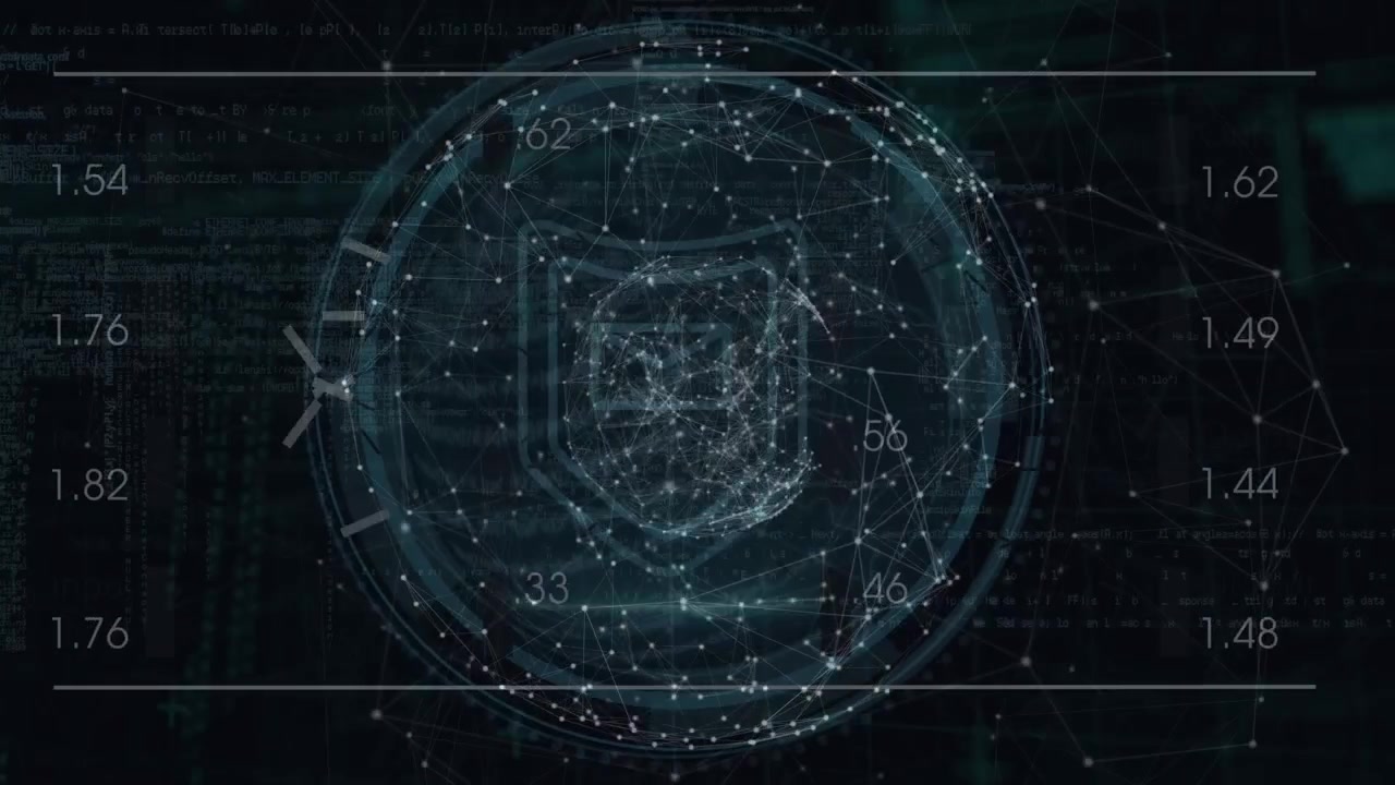 A digital interface with data processing happening over a globe in the background