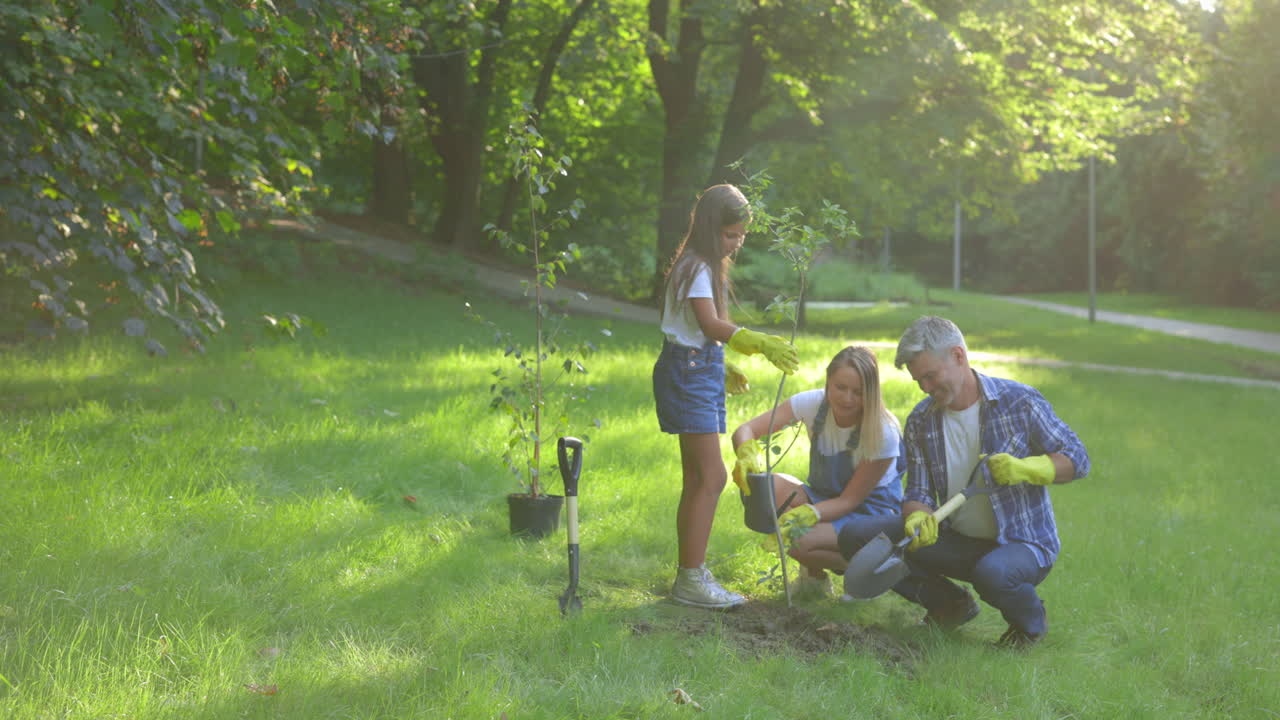 Family Planting Trees in Park