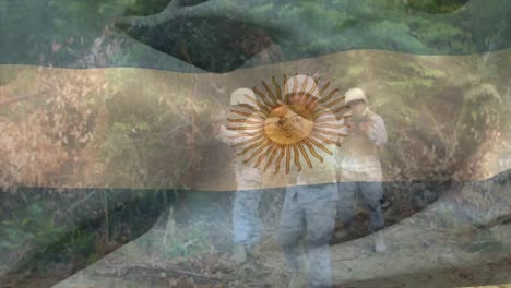 animación de la bandera de argentina sobre varios soldados varones