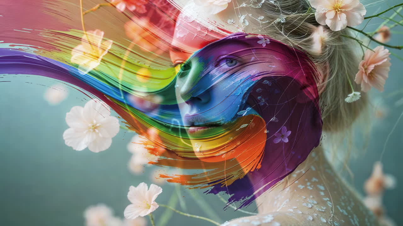 Abstract Portrait of a Woman with Rainbow Colors and Flowers
