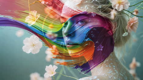 abstract portrait of a woman with rainbow colors and flowers