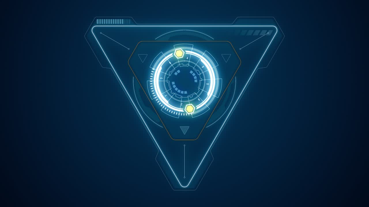 3d 파란색 삼각형 및 원 회전의 모션 그래픽, 헤드 업 디스플레이 (hudui) 기술 인터페이스 및 미래의 요소, 추상적인 배경