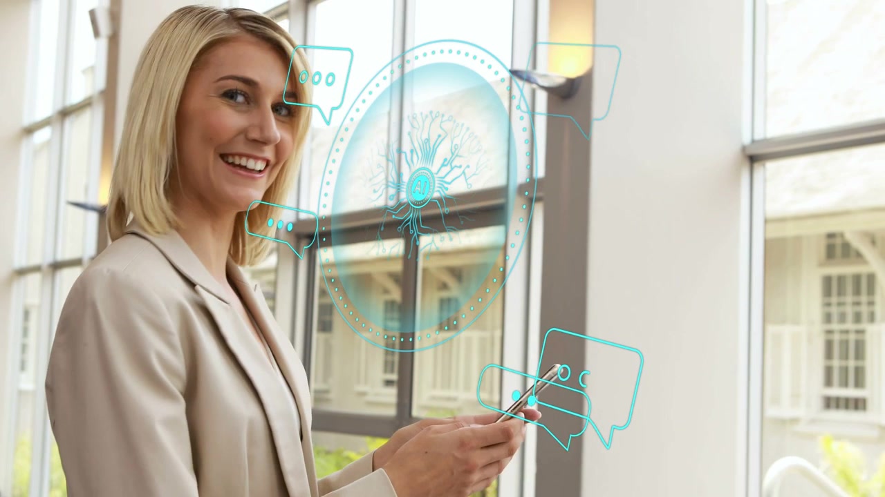 Donna d'affari che afferra il telefono, leggendo chat e scorrendo mentre overlay di intelligenza artificiale crescono intorno al telefono
