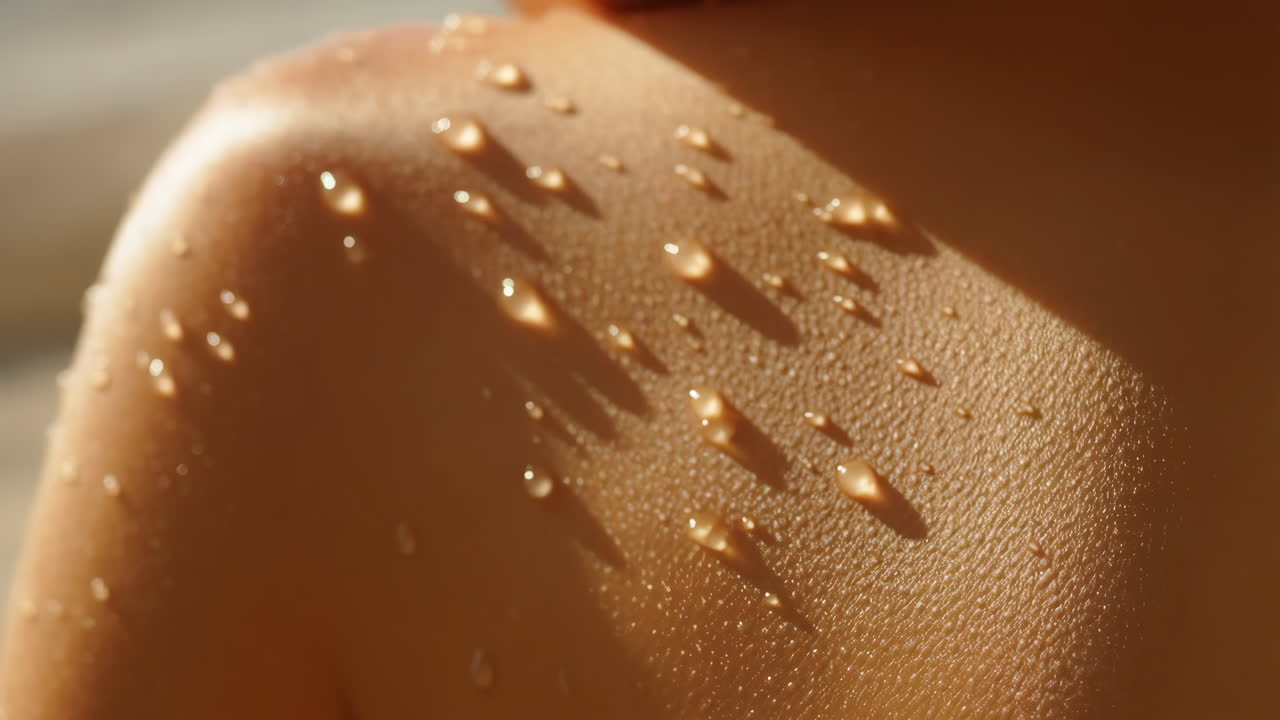 Close-up of Water Droplets on Human Skin in Sunlight