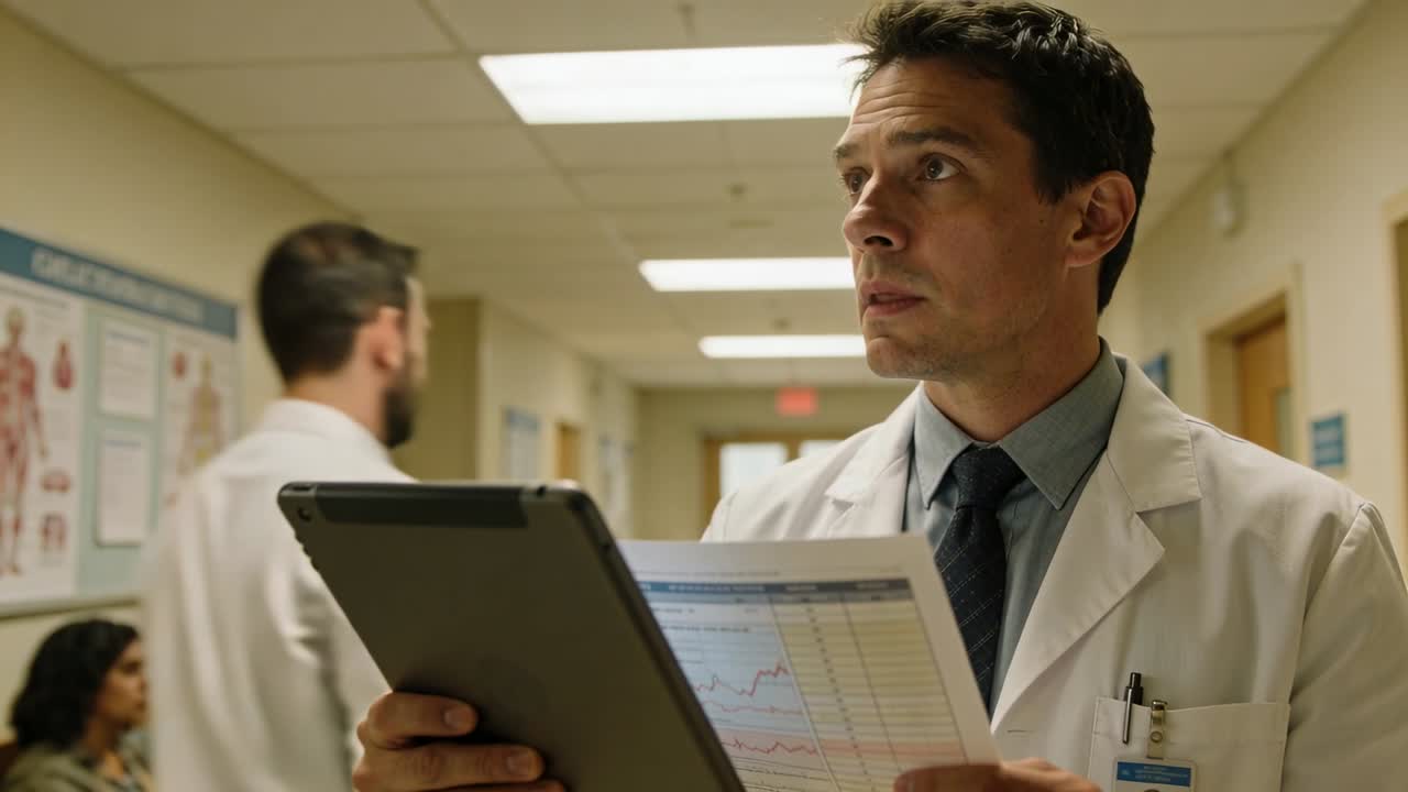 Scanning doctor in coat with tablet, chart in hospital hall, checking data after colleague passing
