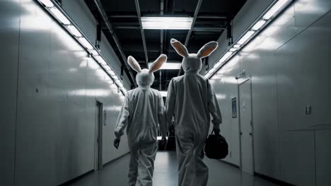 two people in rabbit costumes walking down a hallway