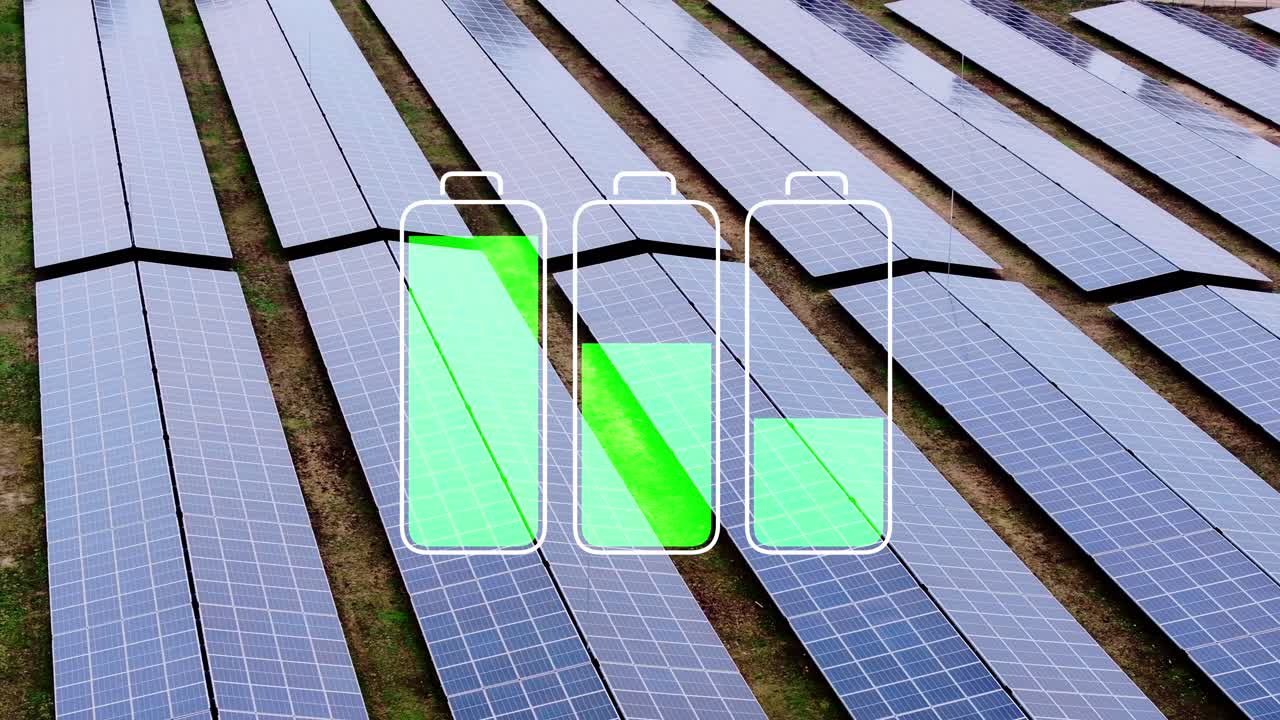 Visual metaphor, clean power flow from solar fields into battery storage systems