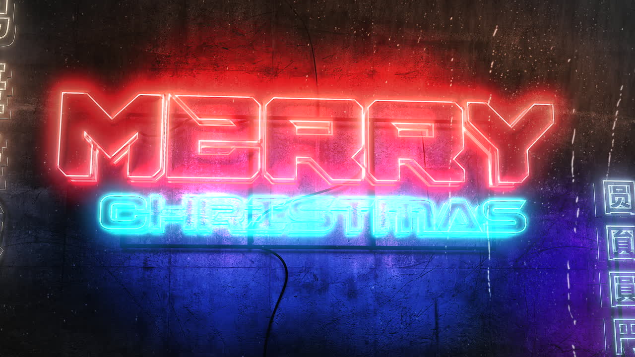 feliz navidad con luz de neón cyberpunk en la pared en la ciudad de japón