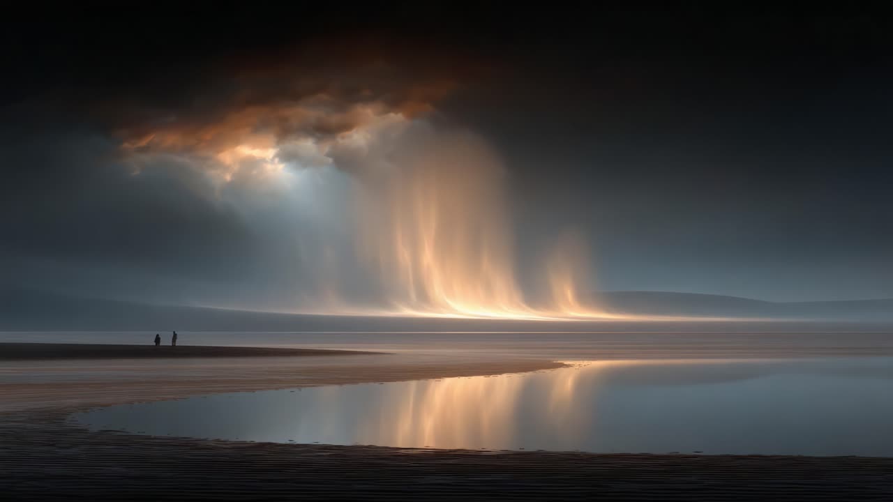 Ethereal Light Cascade: A Stunning Transformation of Landscape Bathed in Mesmerizing Colors Reflecting in Calm Waters