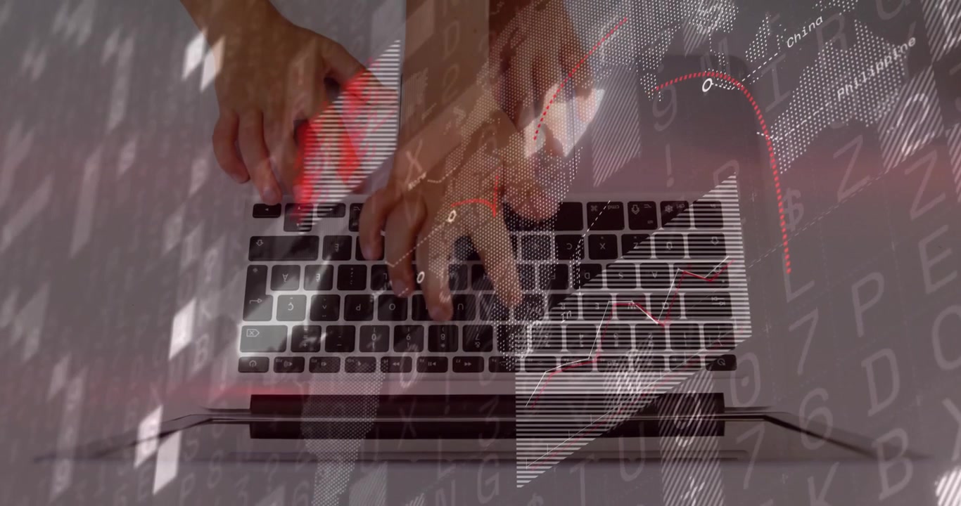 Scena di avvio del computer con mani che digitano sulla tastiera, mentre i dati in sovrimpressione si trasformano e mostrano analisi.